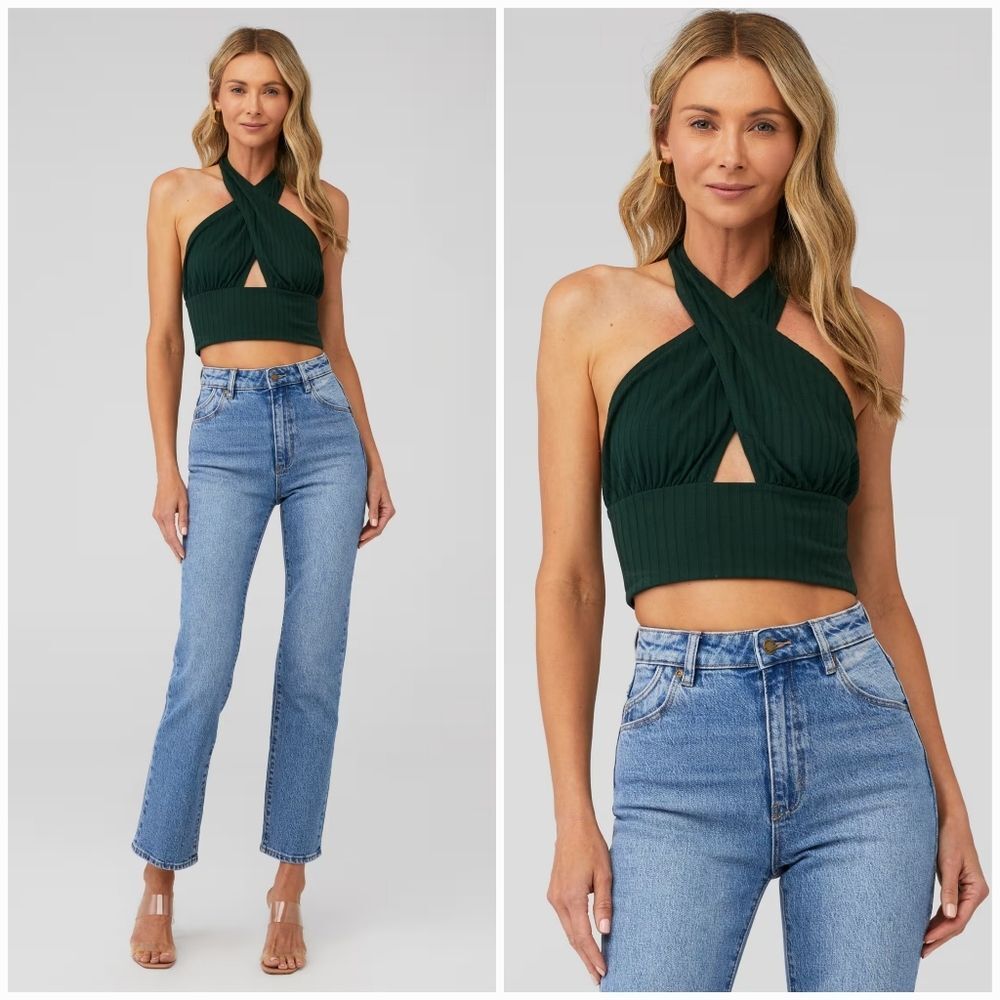 Revolve x Callahan Mimi Cross Front Halter Ribbed Cropped Tank Top in Emerald M